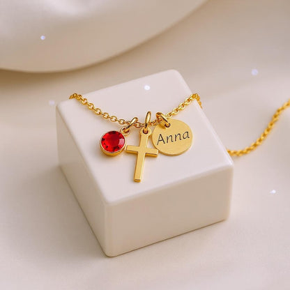 Cross Birthstone Name Necklace