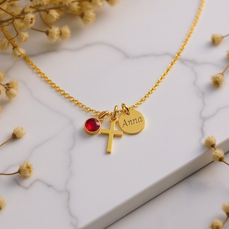 Cross Birthstone Name Necklace