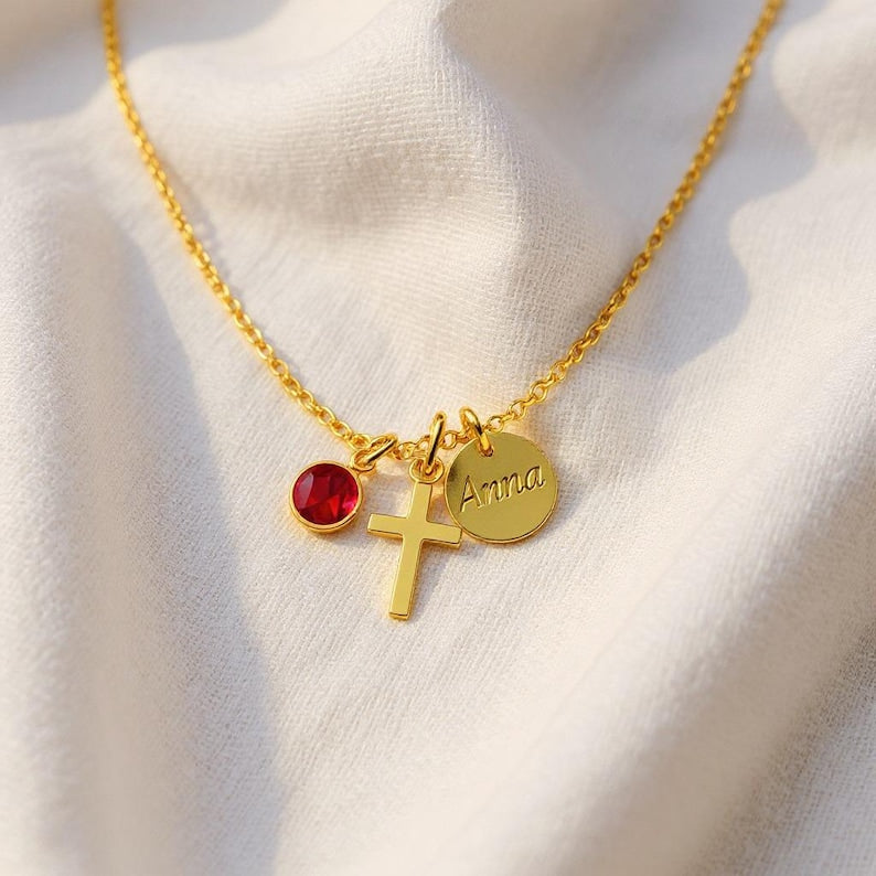 Cross Birthstone Name Necklace