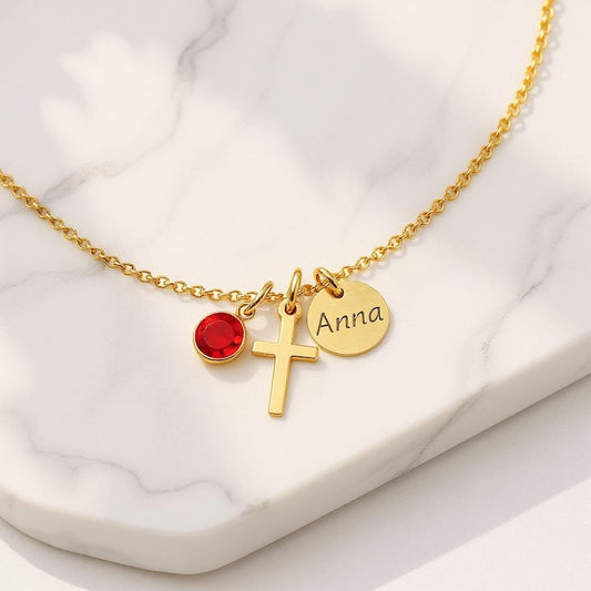 Cross Birthstone Name Necklace