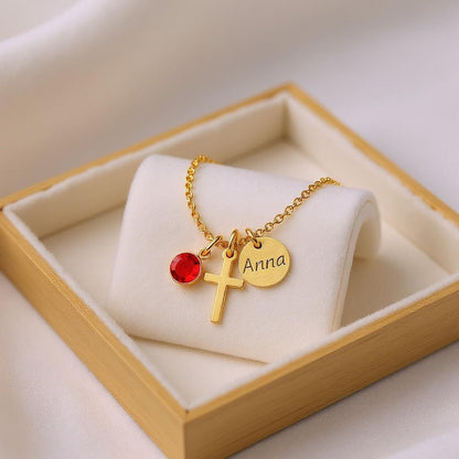 Cross Birthstone Name Necklace