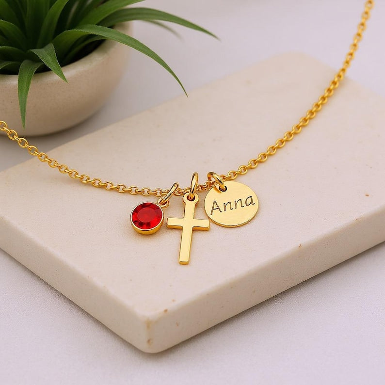 Cross Birthstone Name Necklace
