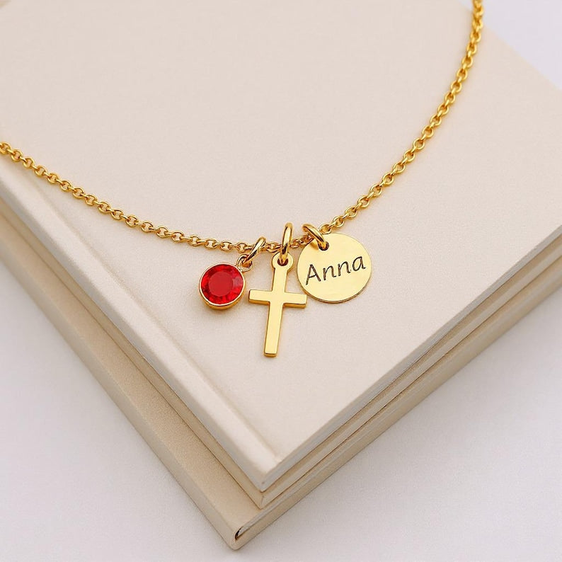 Cross Birthstone Name Necklace